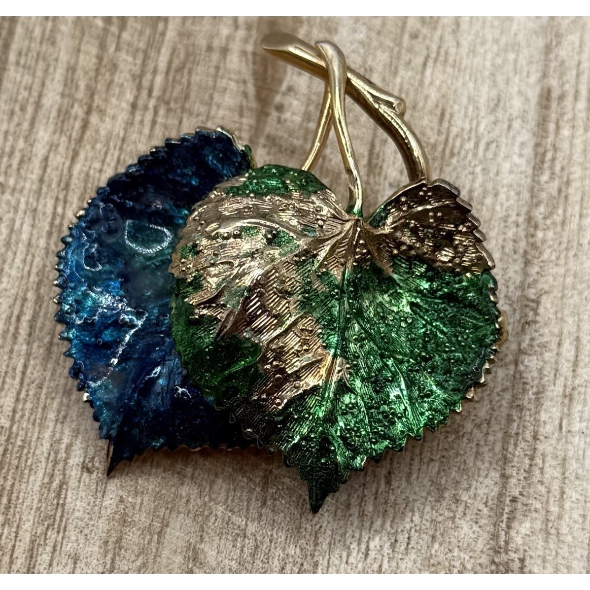 Vintage Henkel & Gross 1967 Enamel Leaf Brooch Green Blue Germany Signed
